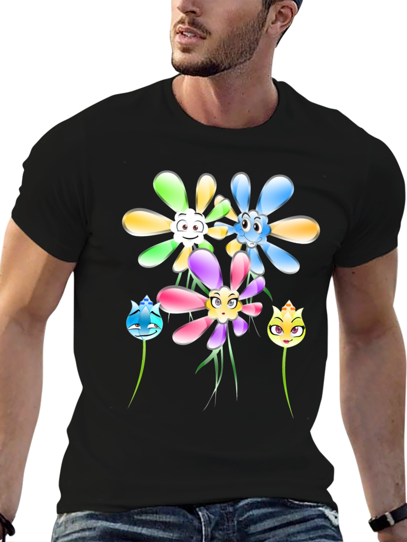 Cartoon Flower Graphic Tee - Black