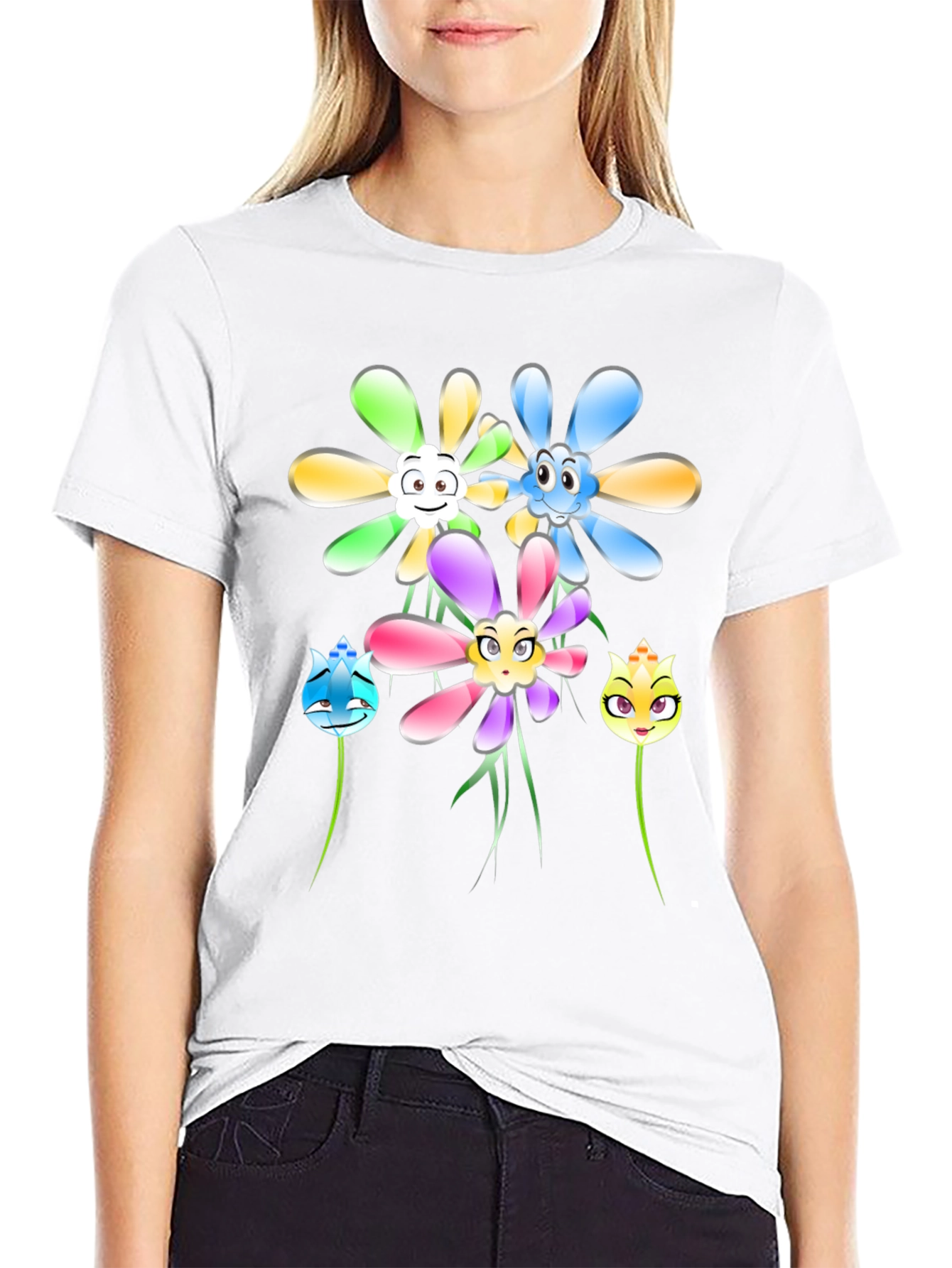 Cartoon Flower Graphic Tee - Black