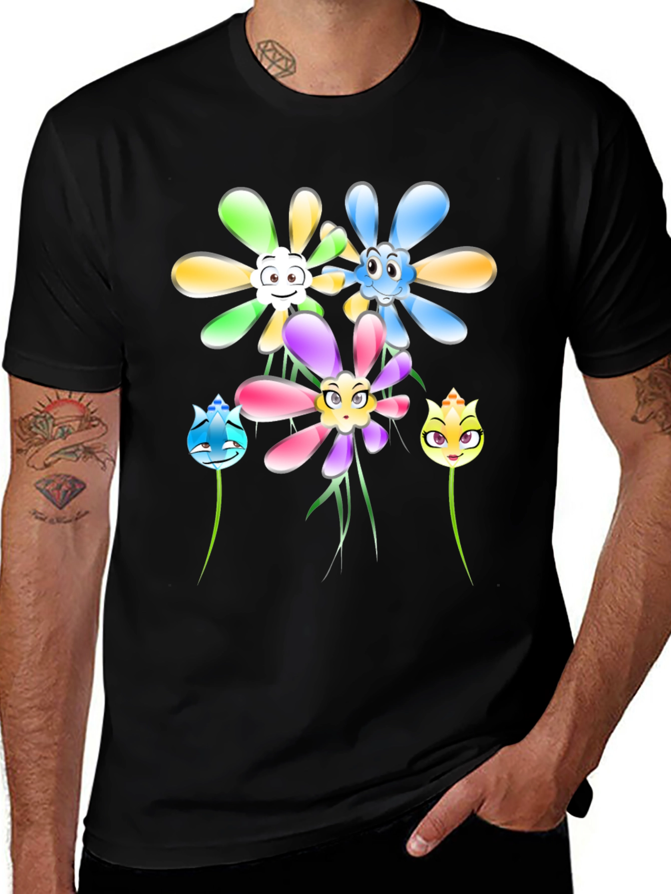 Cartoon Flower Graphic Tee - Black