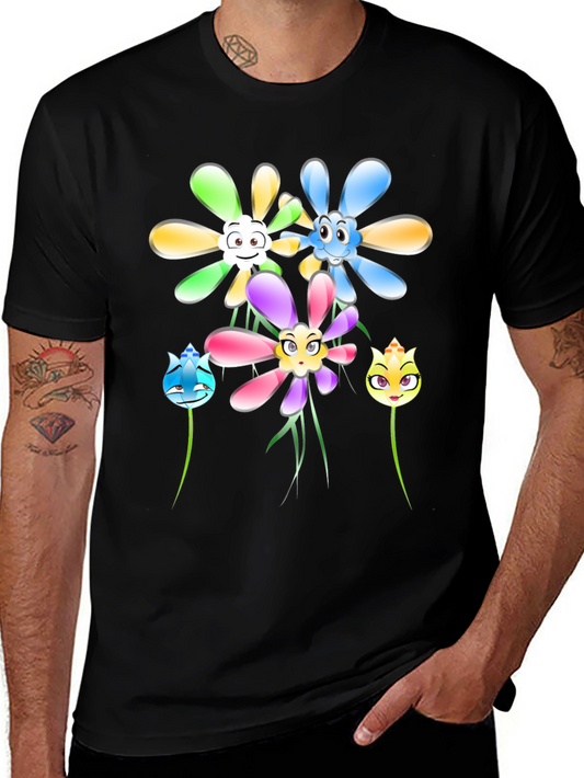 Cartoon Flower Graphic Tee - Black