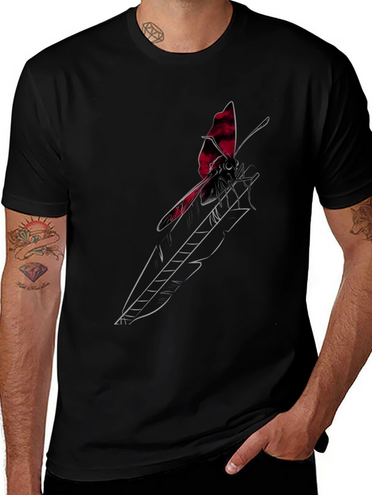 Black T-Shirt with Butterfly Feather Graphic Design