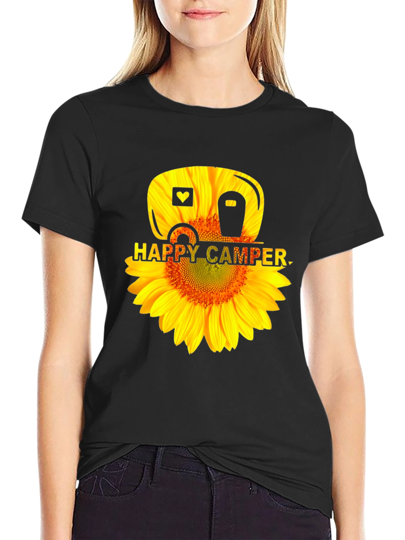Happy Camper Sunflower Graphic Tee - Black