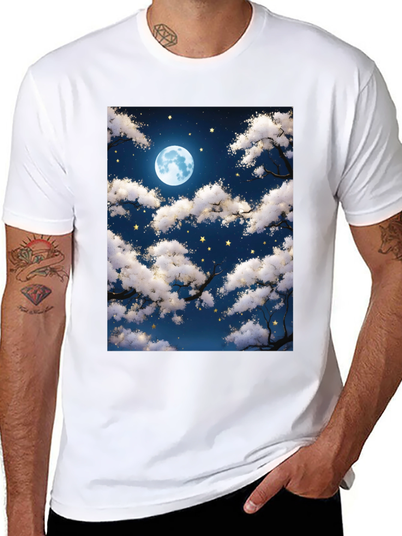 Moonlit Night Sky Graphic Tee - Black Cotton T-Shirt