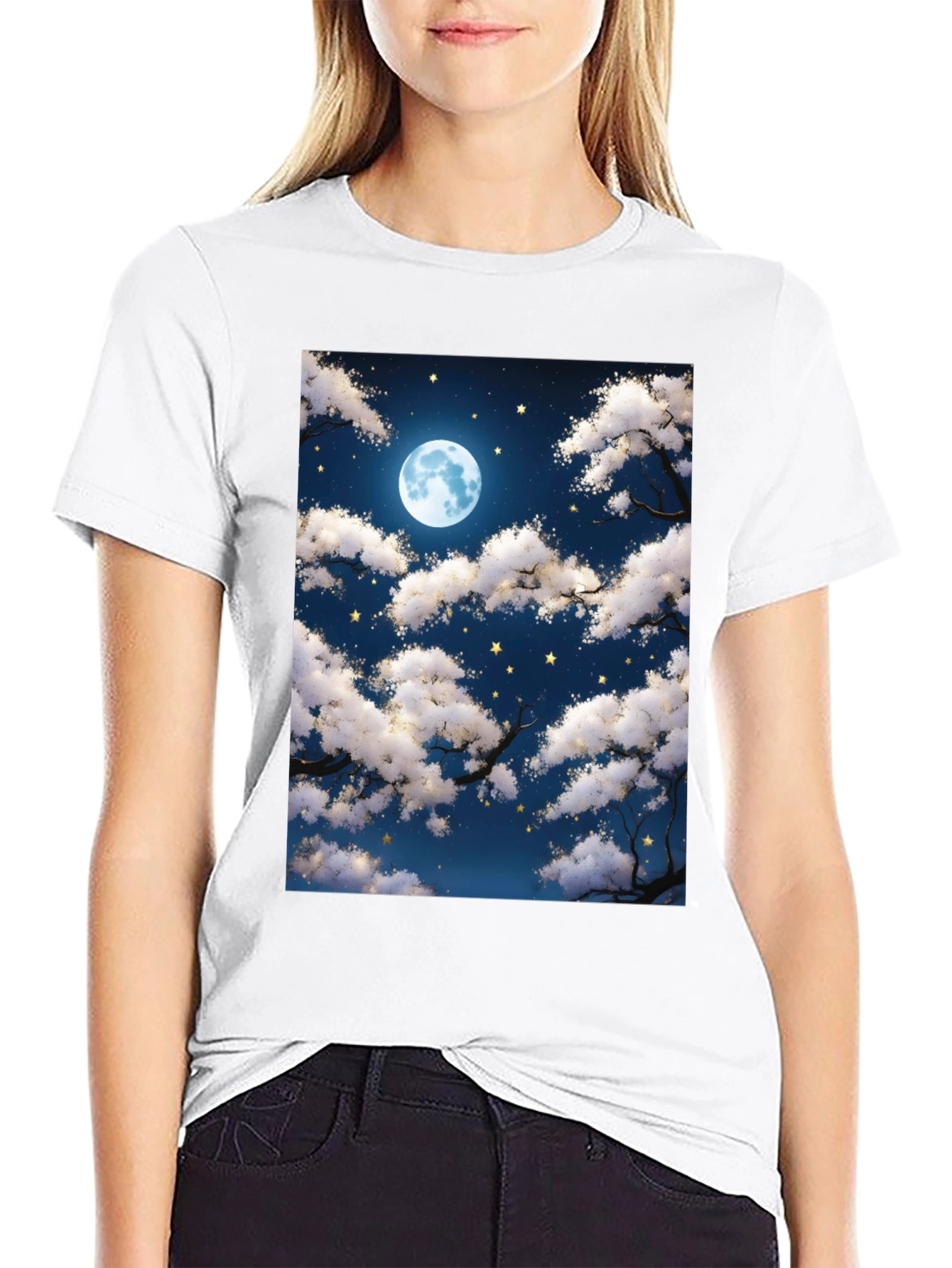 Moonlit Night Sky Graphic Tee - Black Cotton T-Shirt