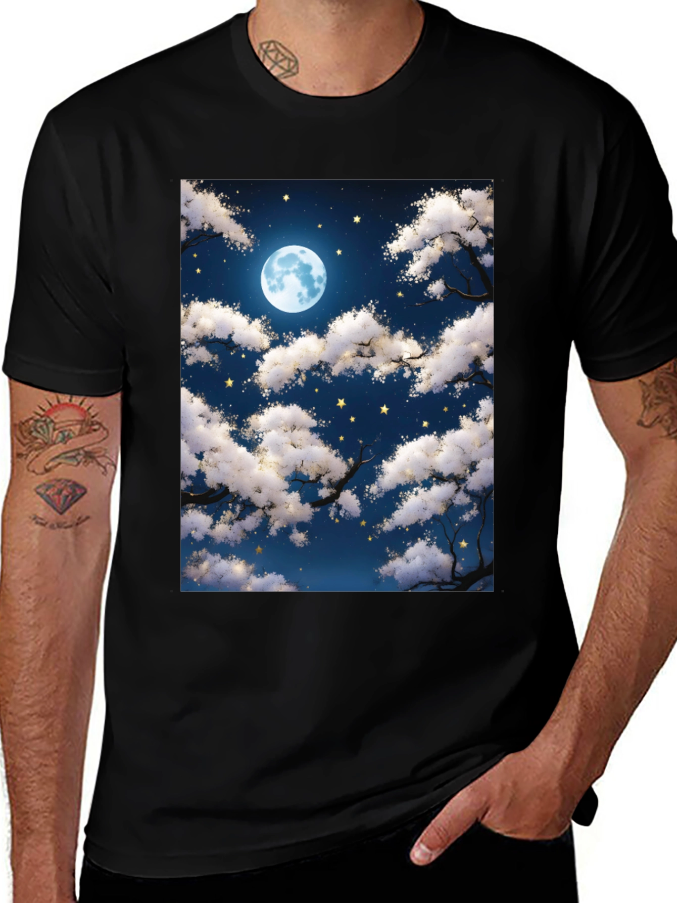 Moonlit Night Sky Graphic Tee - Black Cotton T-Shirt