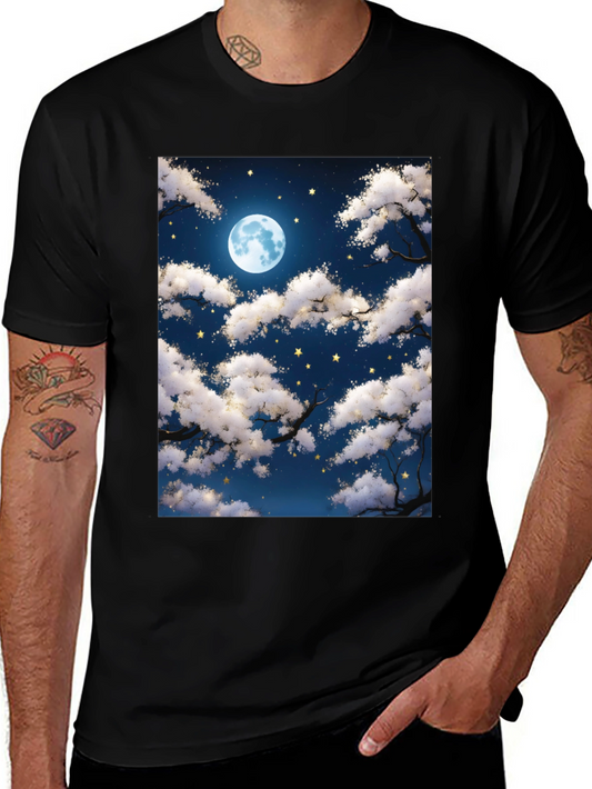 Moonlit Night Sky Graphic Tee - Black Cotton T-Shirt