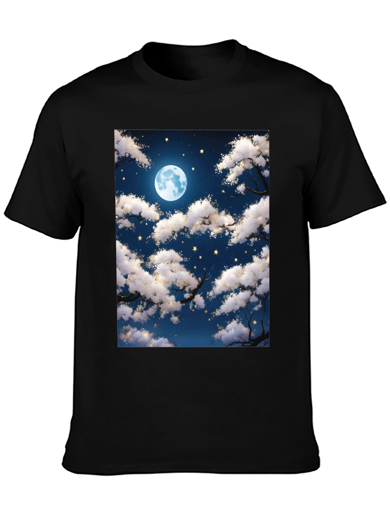 Moonlit Night Sky Graphic Tee - Black Cotton T-Shirt