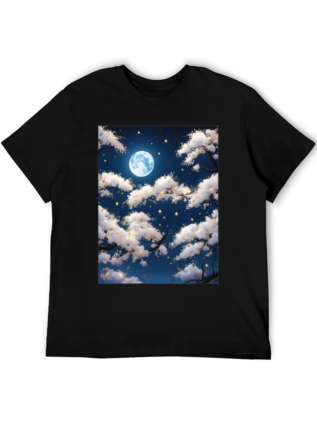 Moonlit Night Sky Graphic Tee - Black Cotton T-Shirt