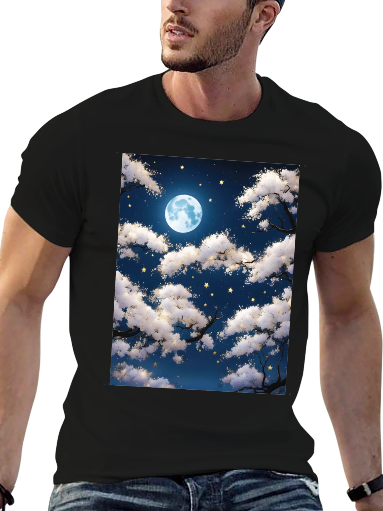 Moonlit Night Sky Graphic Tee - Black Cotton T-Shirt