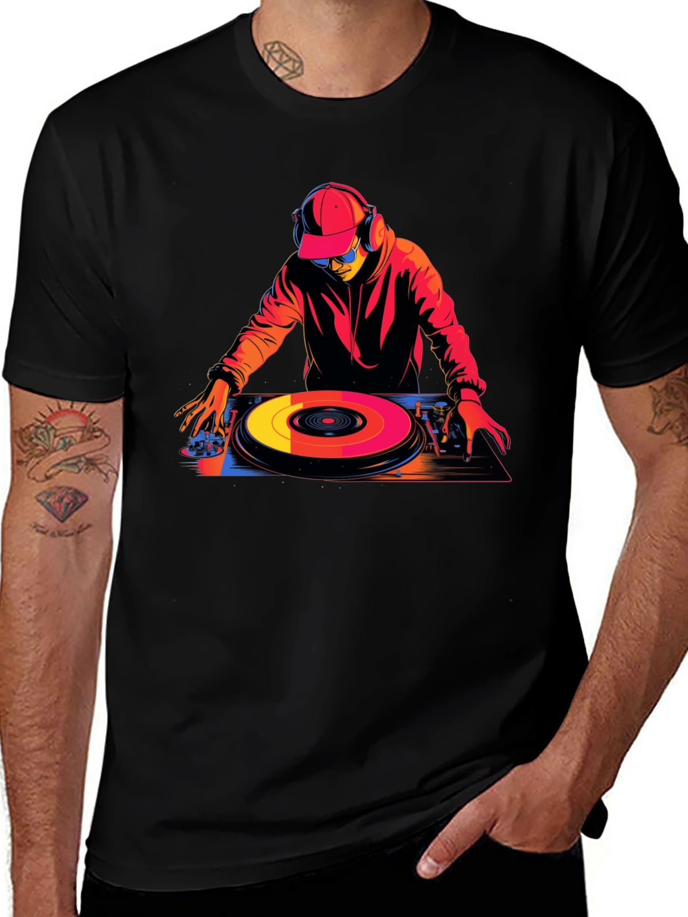DJ Turntable Graphic Tee - Black Cotton Blend T-Shirt