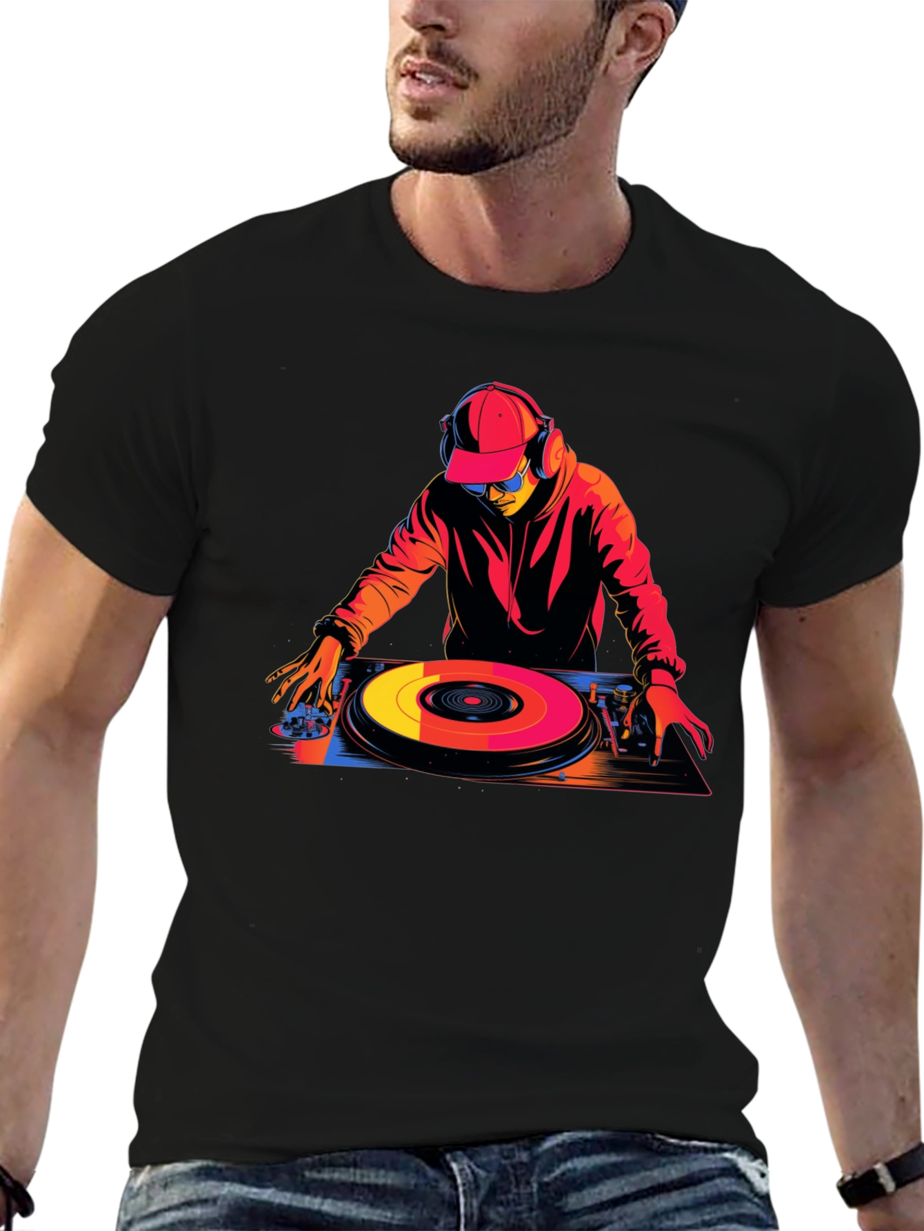 DJ Turntable Graphic Tee - Black Cotton Blend T-Shirt