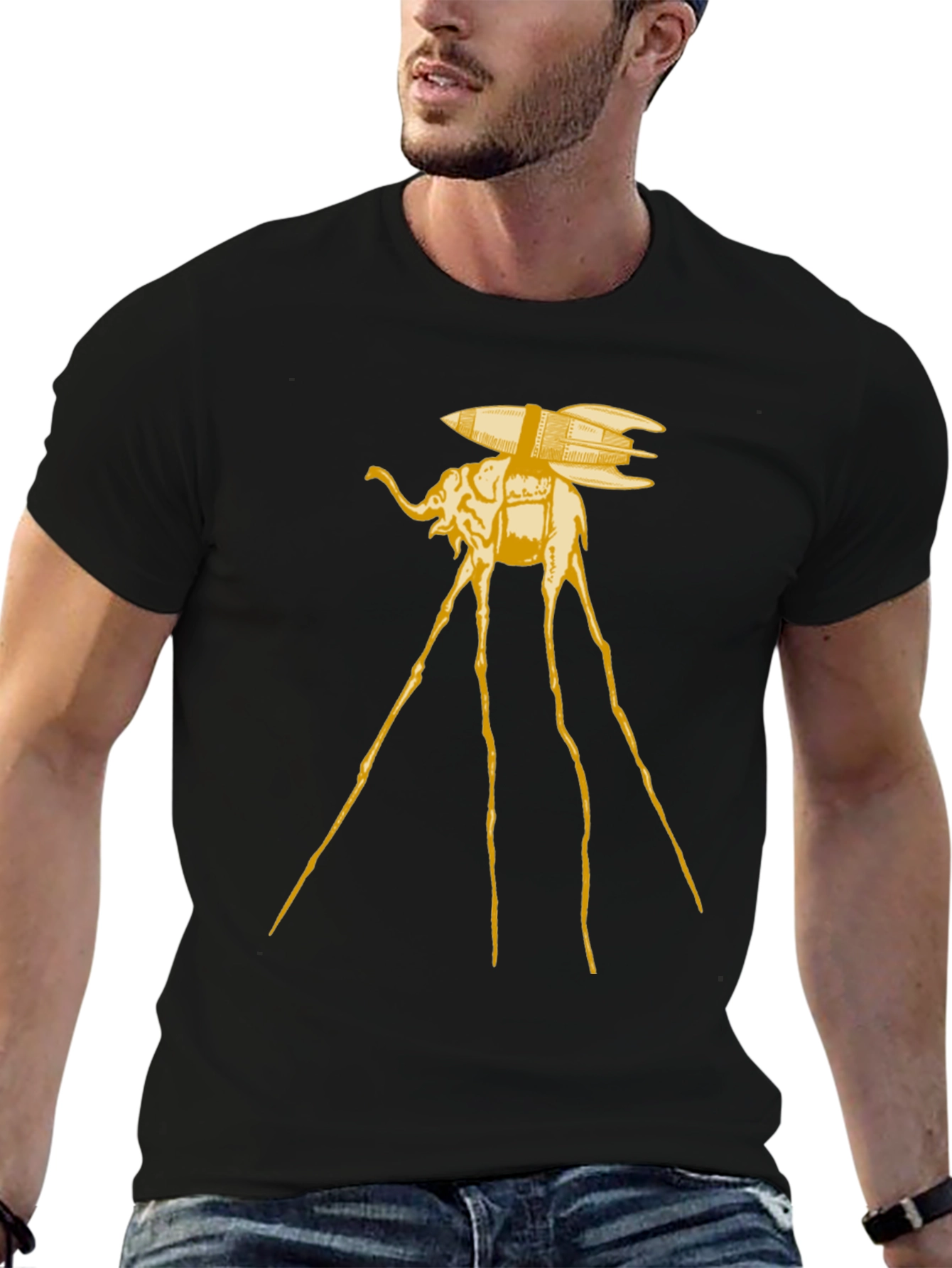 Surreal Elephant Rocket T-Shirt - Artistic Black Tee