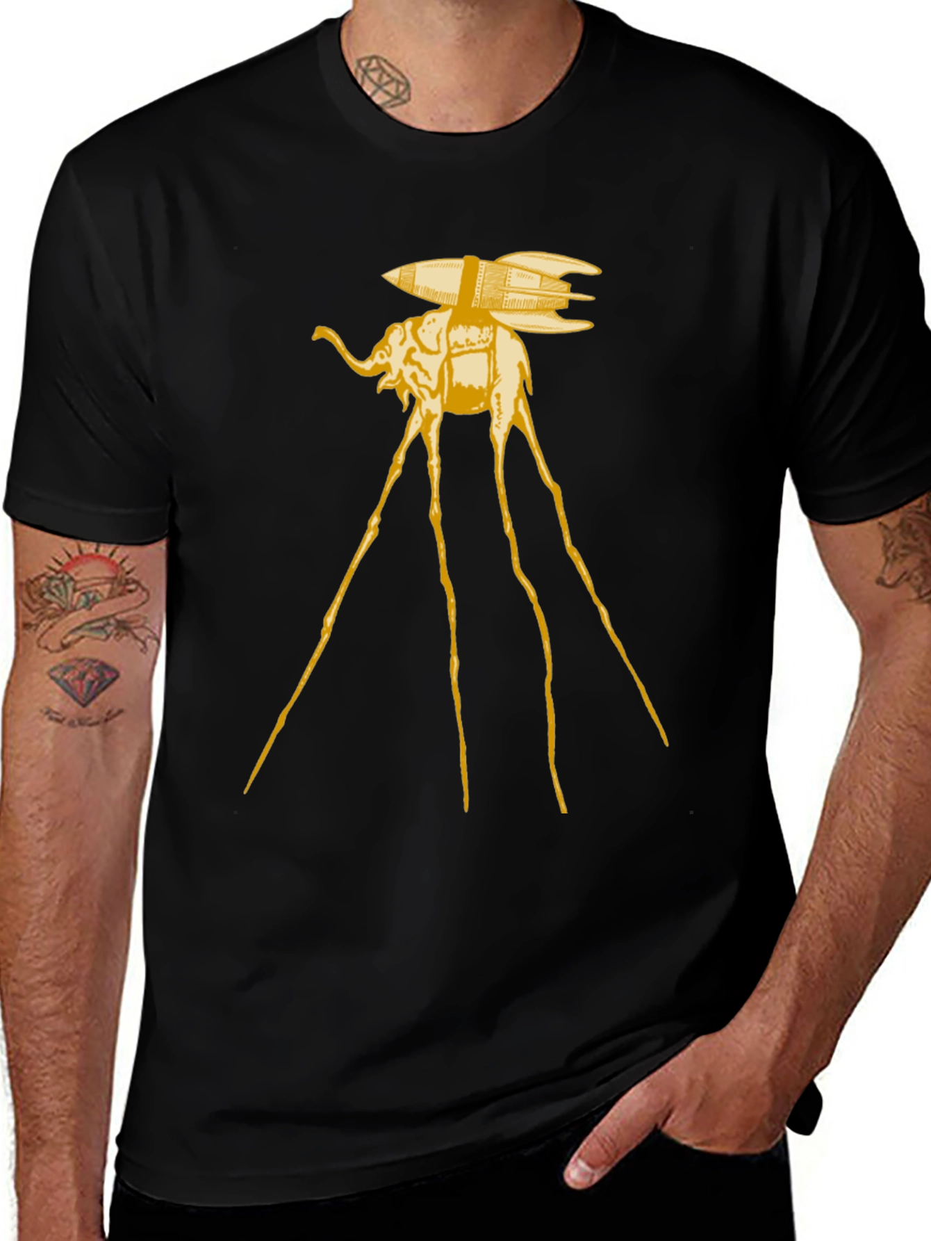 Surreal Elephant Rocket T-Shirt - Artistic Black Tee