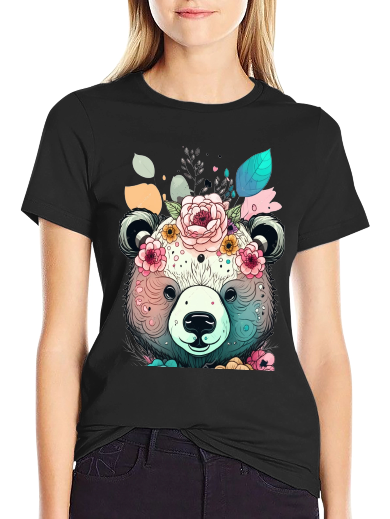 Floral Bear Graphic Tee - Black
