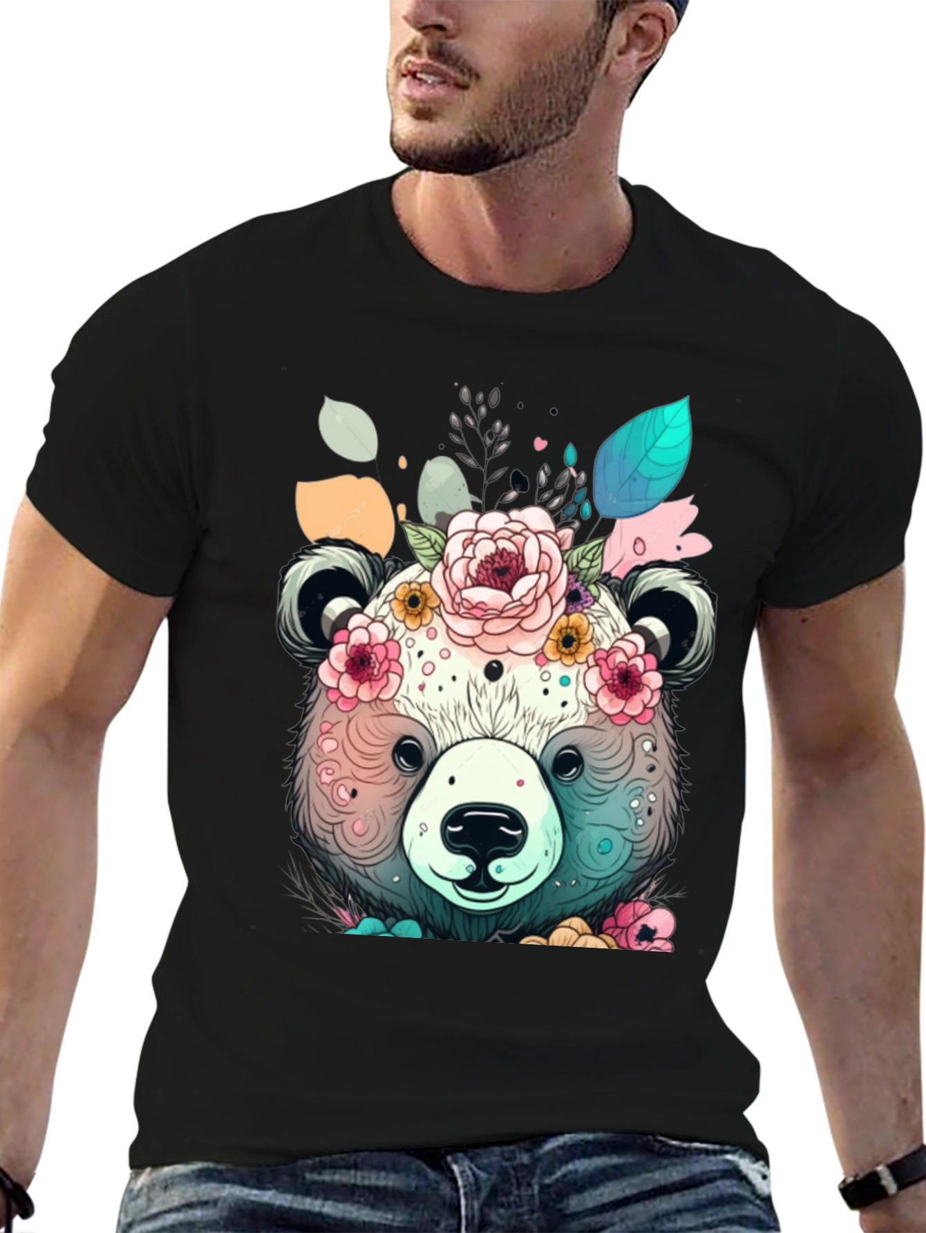 Floral Bear Graphic Tee - Black