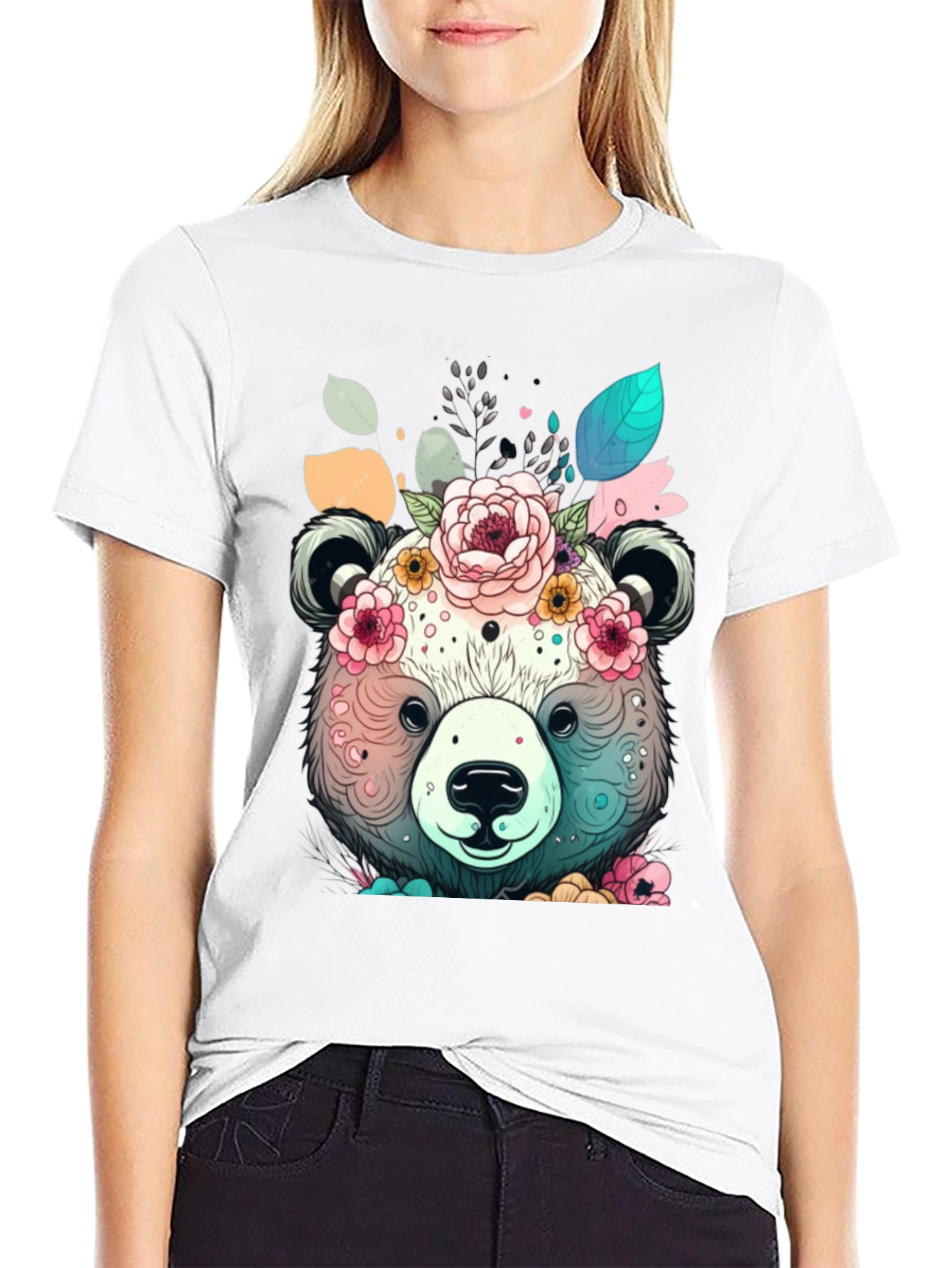 Floral Bear Graphic Tee - Black
