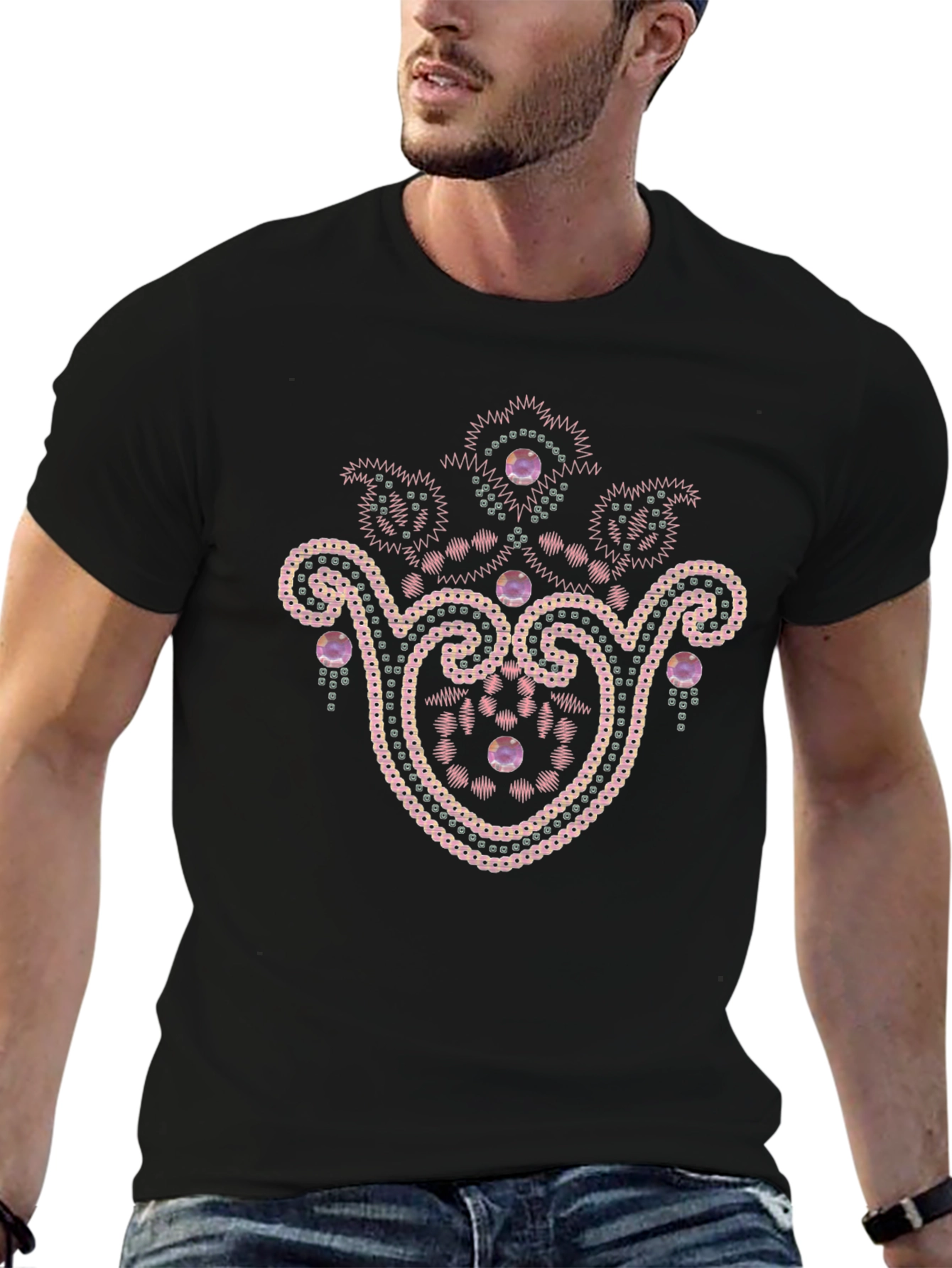 Mens Black T-Shirt with Gemstone Embellishment