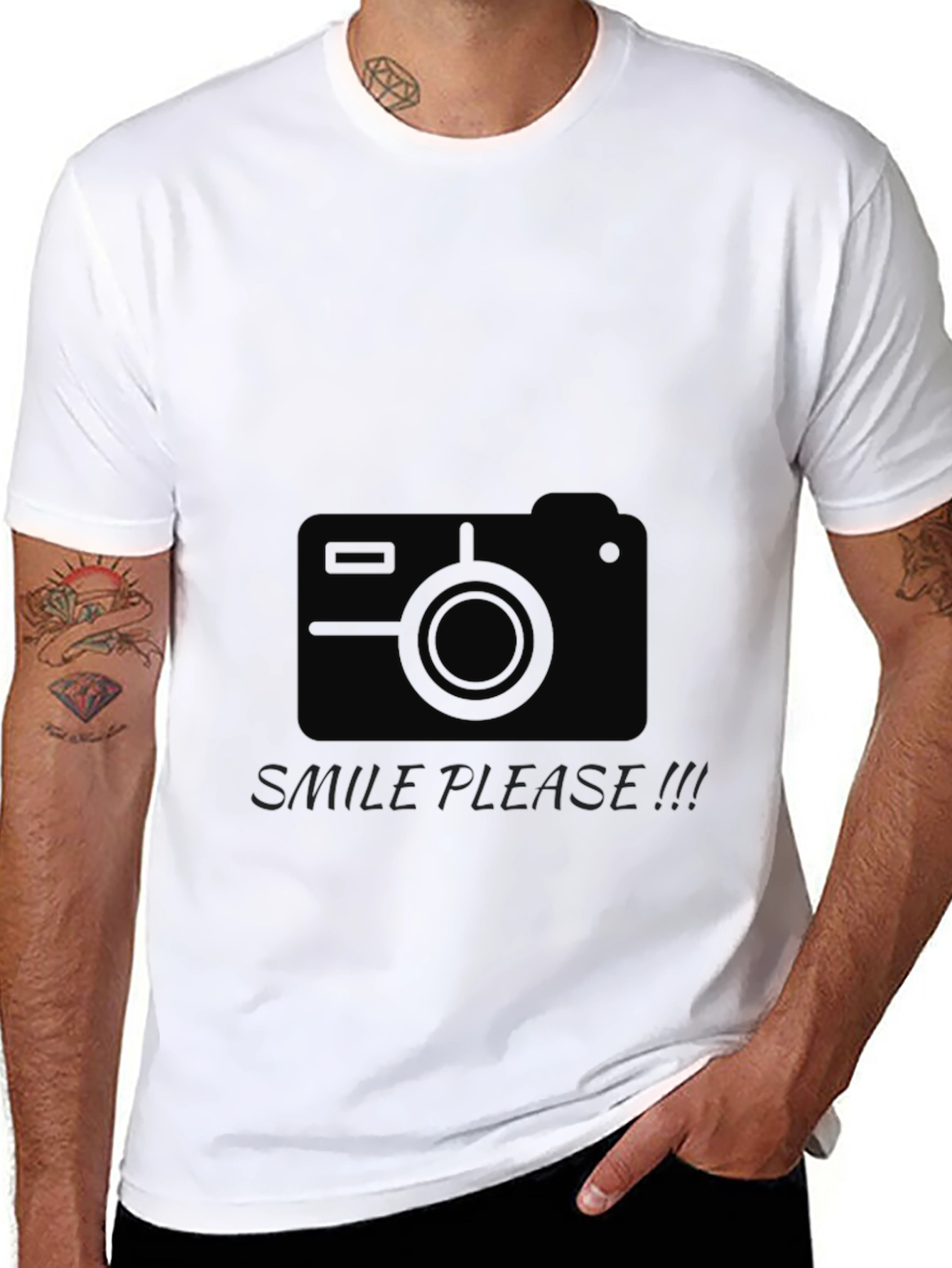 Mens Black Graphic Tee - Smile Please Camera Design