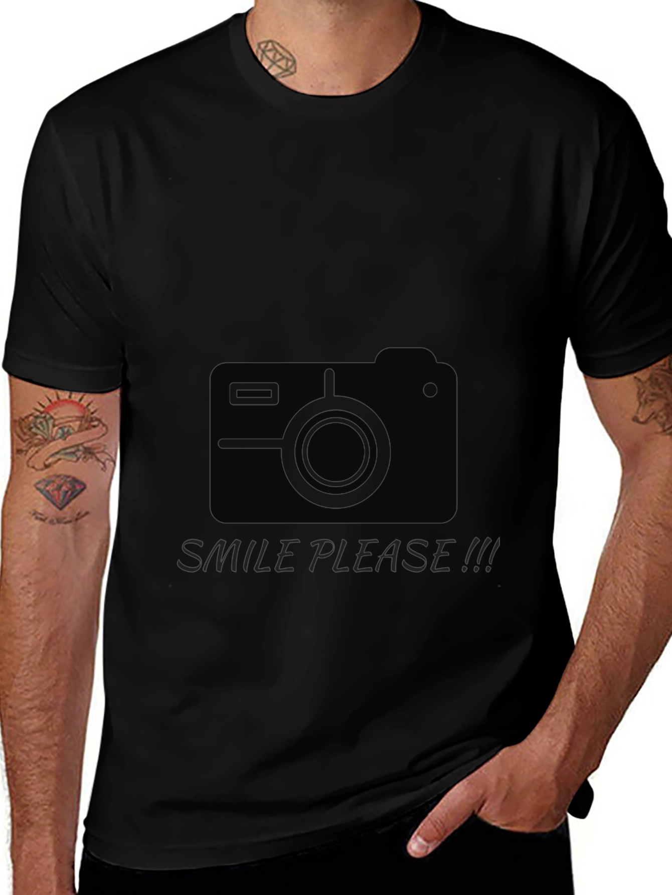 Mens Black Graphic Tee - Smile Please Camera Design