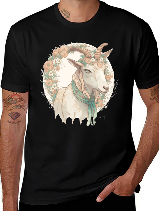 Goat Floral Wreath Black T-Shirt