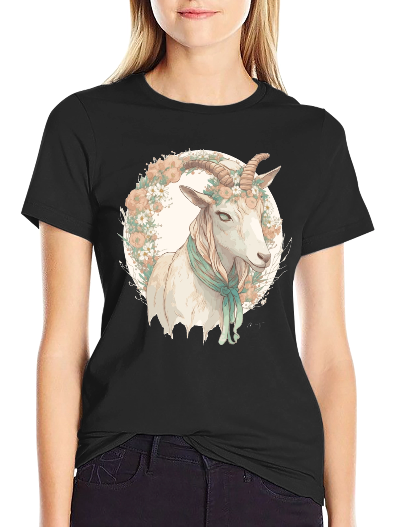 Goat Floral Wreath Black T-Shirt