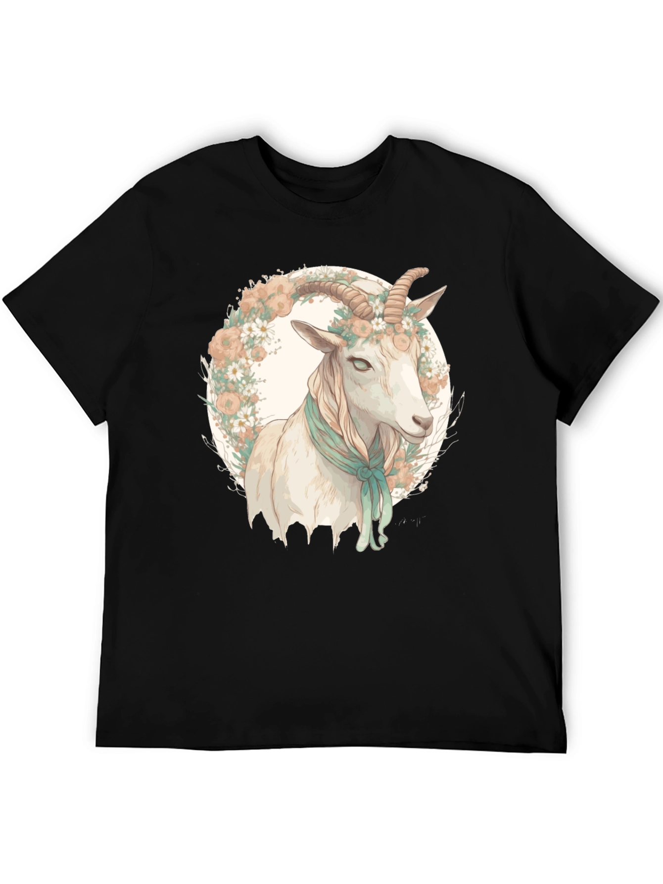 Goat Floral Wreath Black T-Shirt