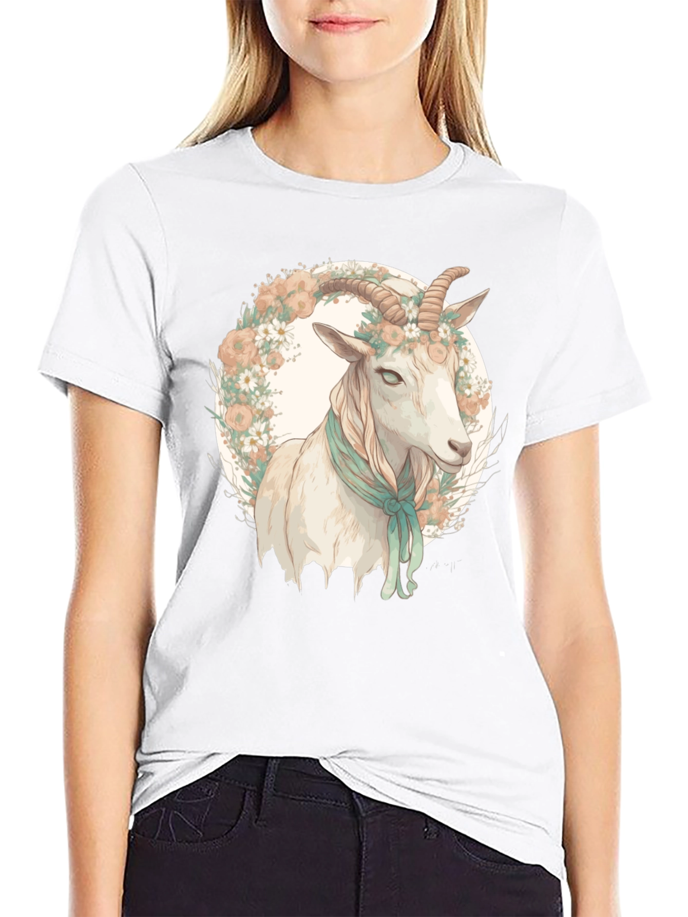 Goat Floral Wreath Black T-Shirt