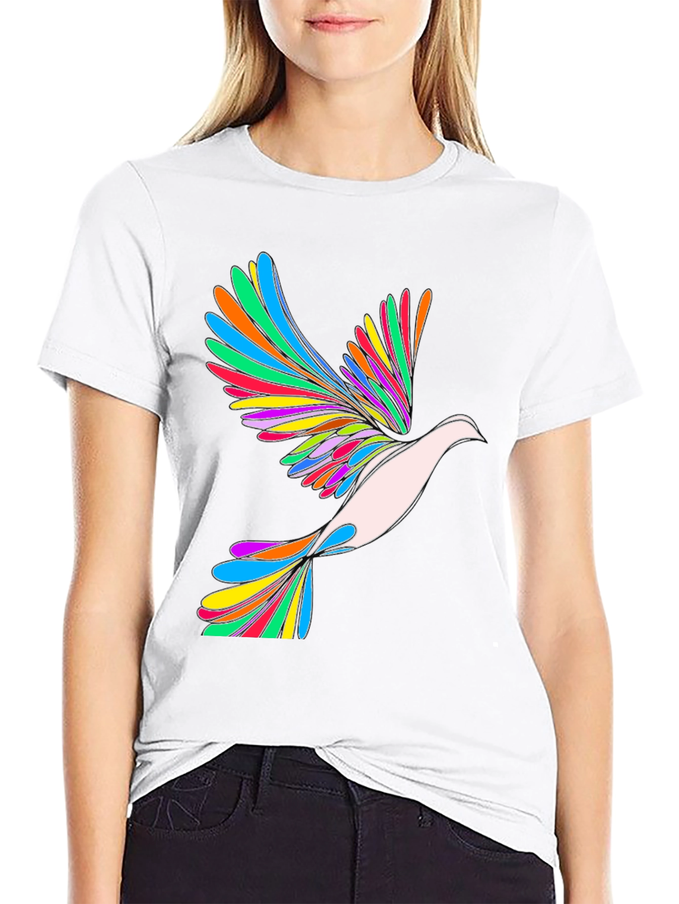 Rainbow Dove Graphic Print Black T-Shirt