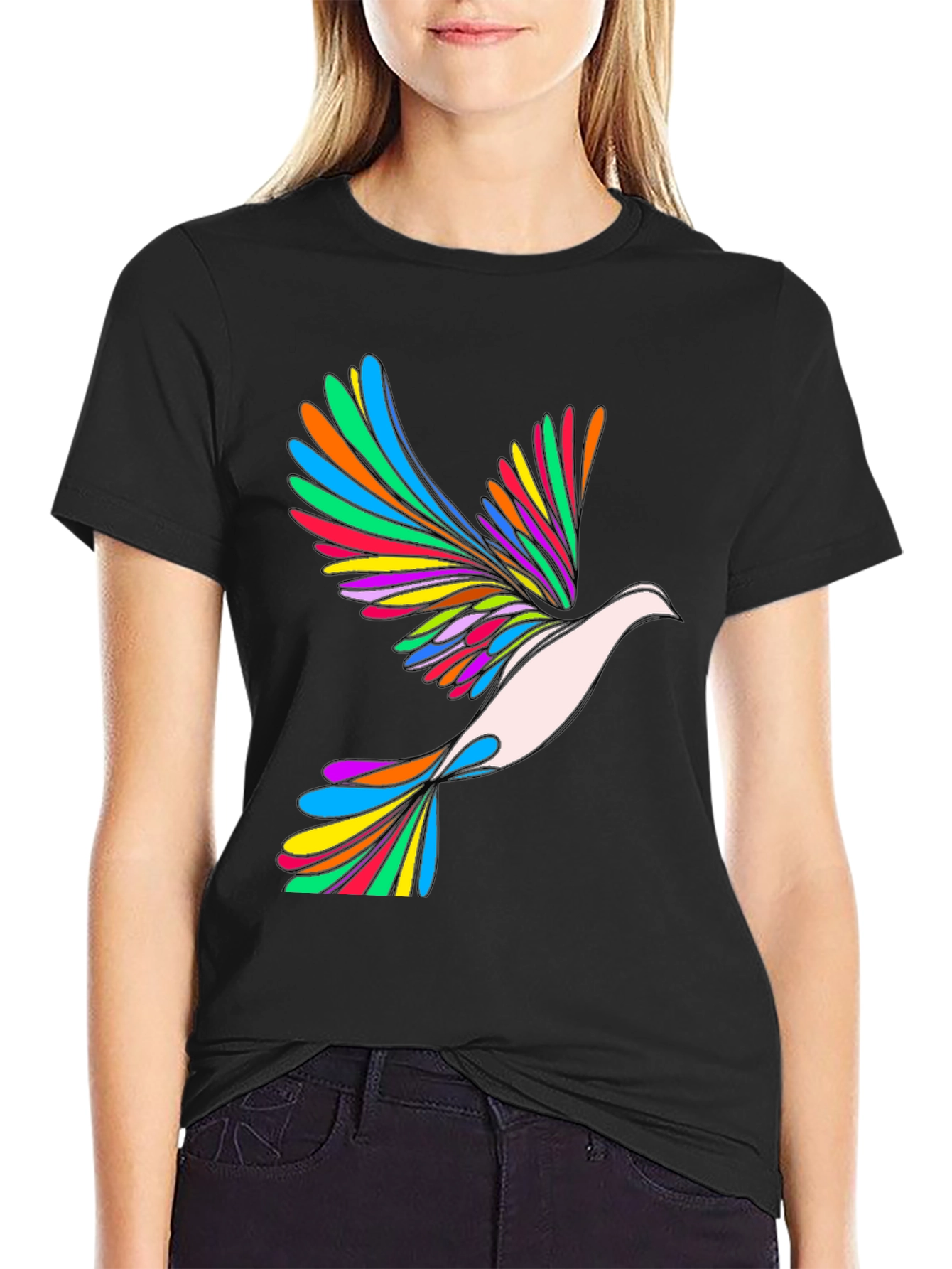 Rainbow Dove Graphic Print Black T-Shirt