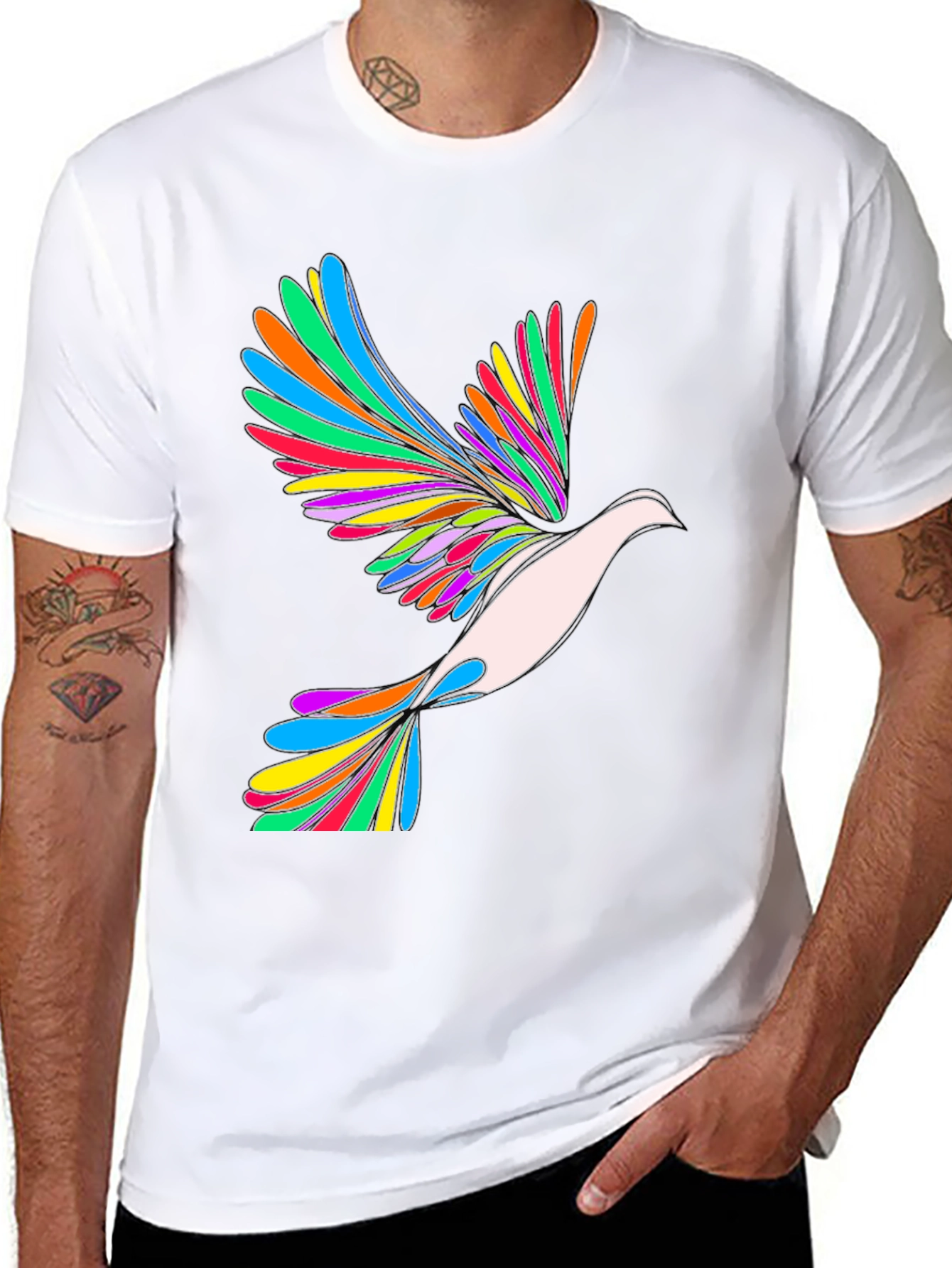 Rainbow Dove Graphic Print Black T-Shirt