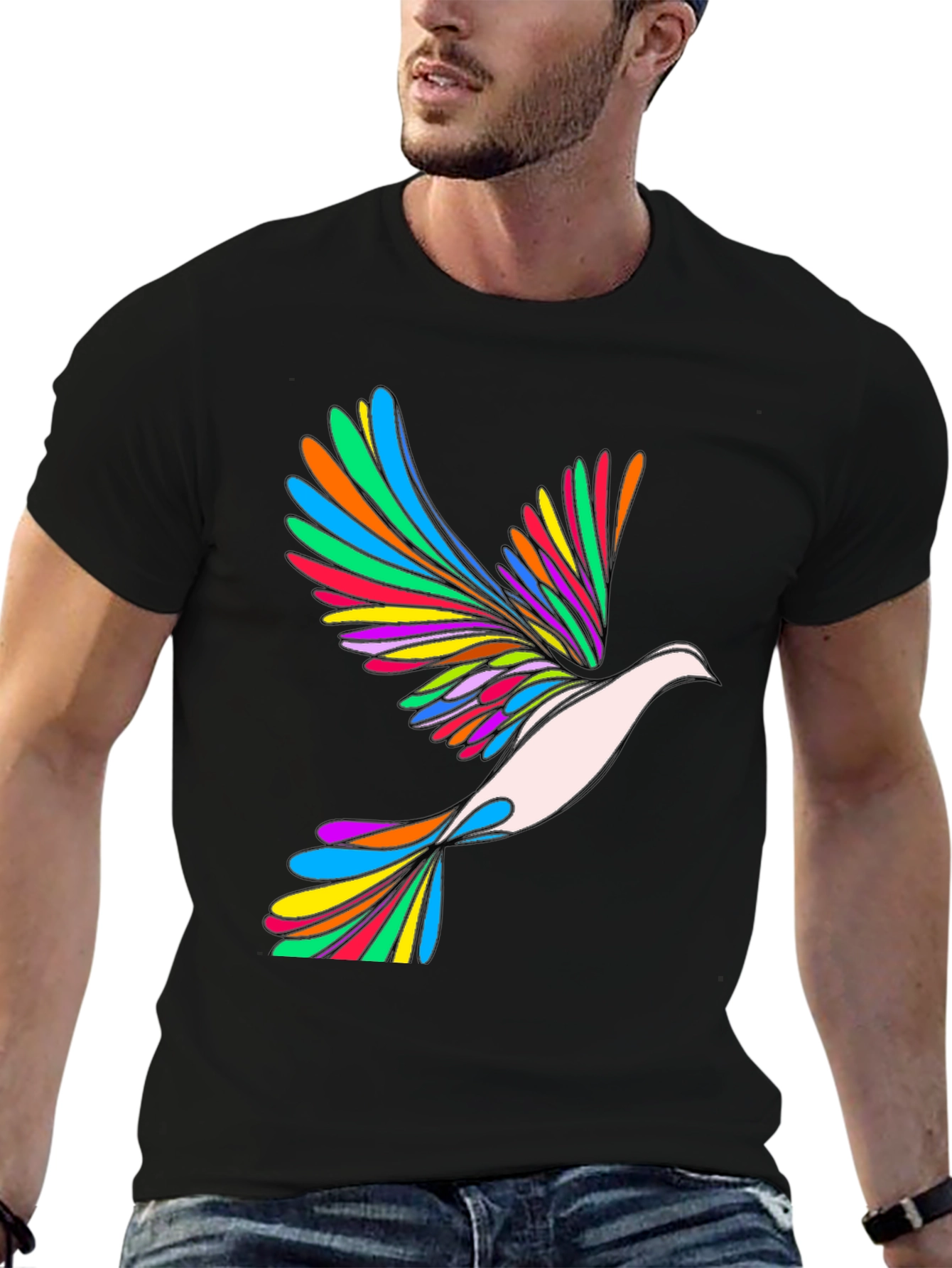 Rainbow Dove Graphic Print Black T-Shirt