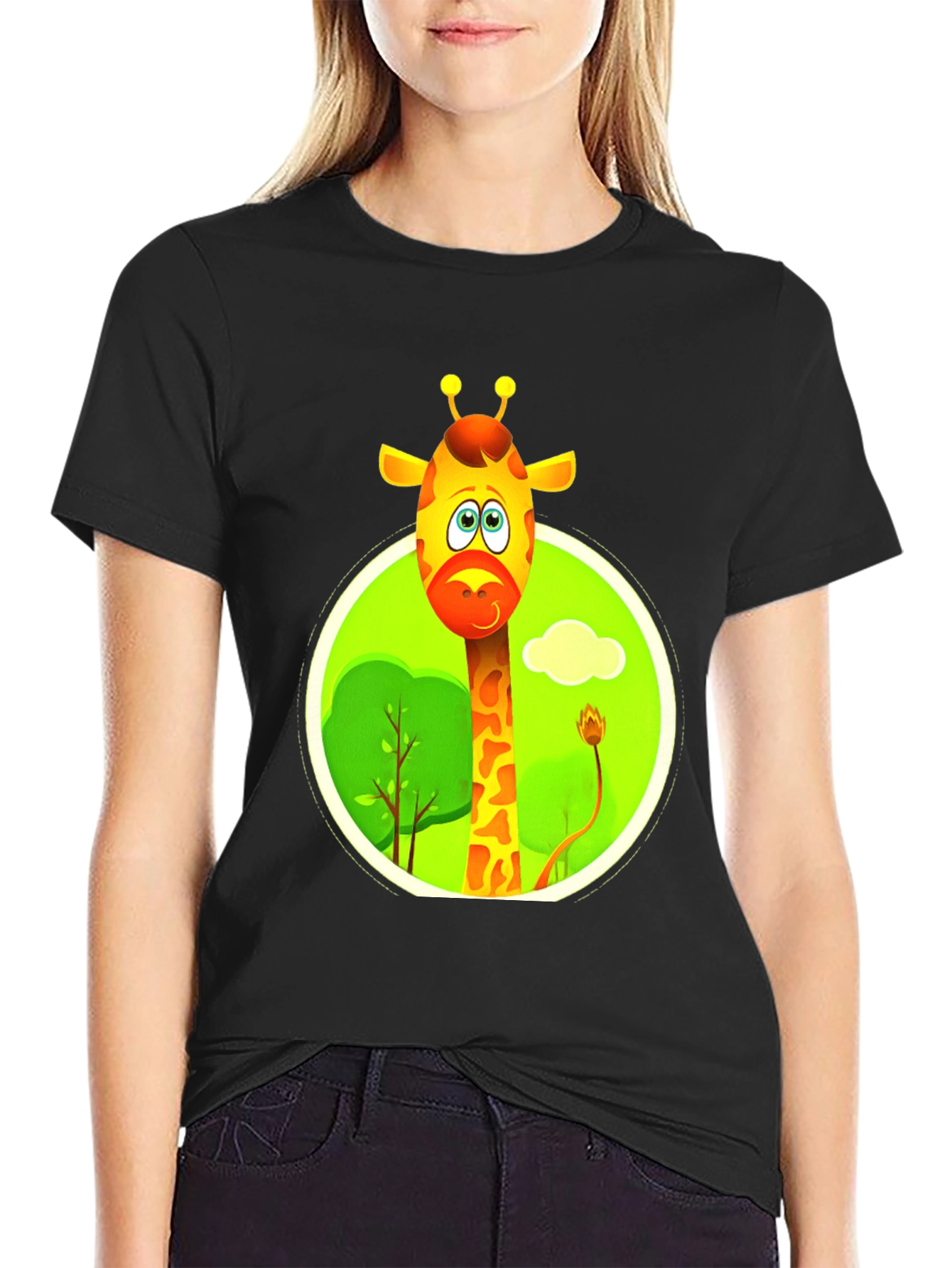 Cartoon Giraffe Black T-Shirt