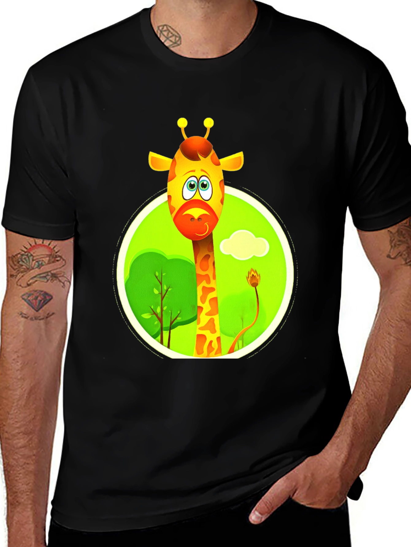 Cartoon Giraffe Black T-Shirt