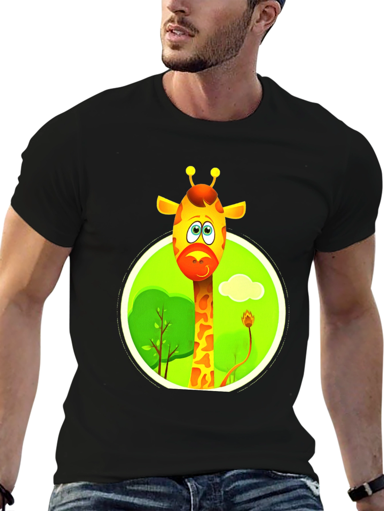 Cartoon Giraffe Black T-Shirt
