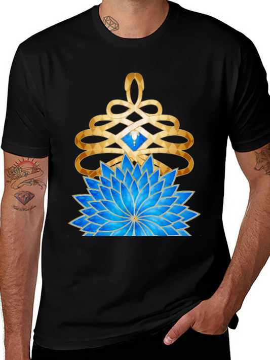 Mystic Lotus Graphic Tee - Gold & Blue Design