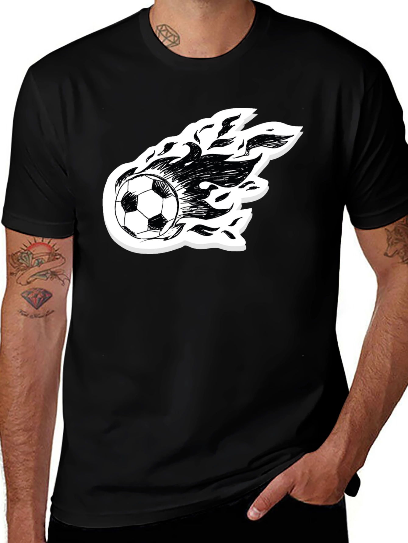 Flaming Soccer Ball Graphic Tee - Black Cotton Shirt