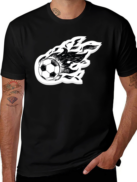 Flaming Soccer Ball Graphic Tee - Black Cotton Shirt
