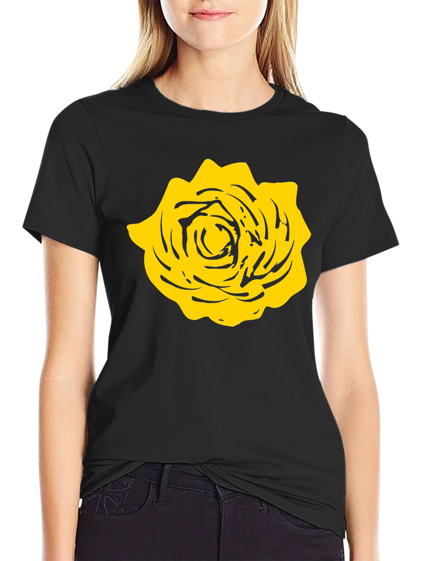 Black T-Shirt with Yellow Rose Graphic