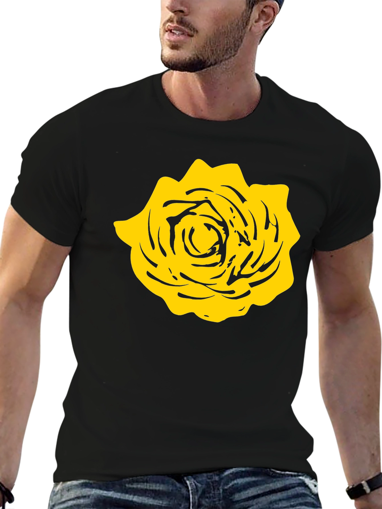 Black T-Shirt with Yellow Rose Graphic