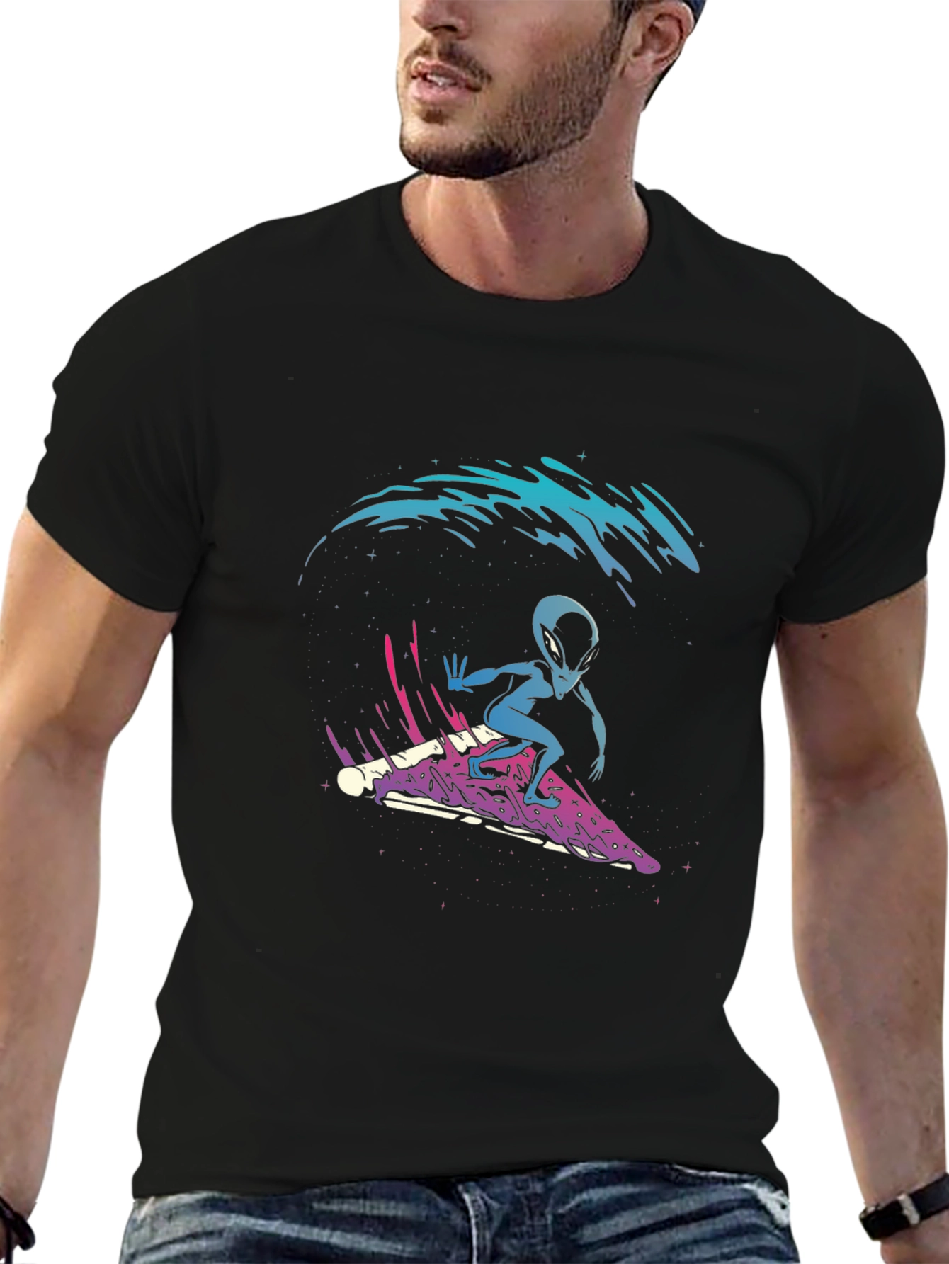 Alien Pizza Surfer Graphic Tee