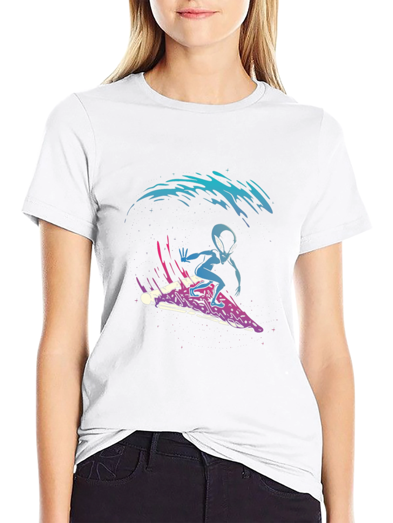 Alien Pizza Surfer Graphic Tee