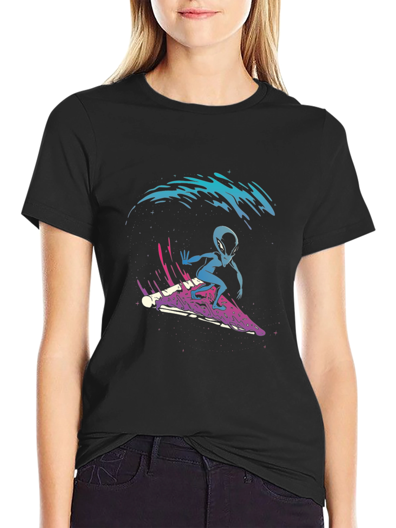 Alien Pizza Surfer Graphic Tee