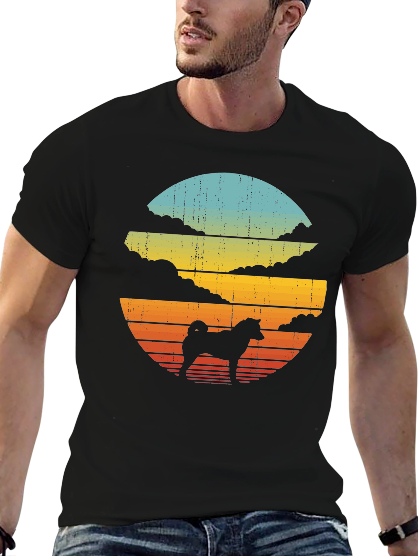 Retro Dog Silhouette T-Shirt - Sunset Design