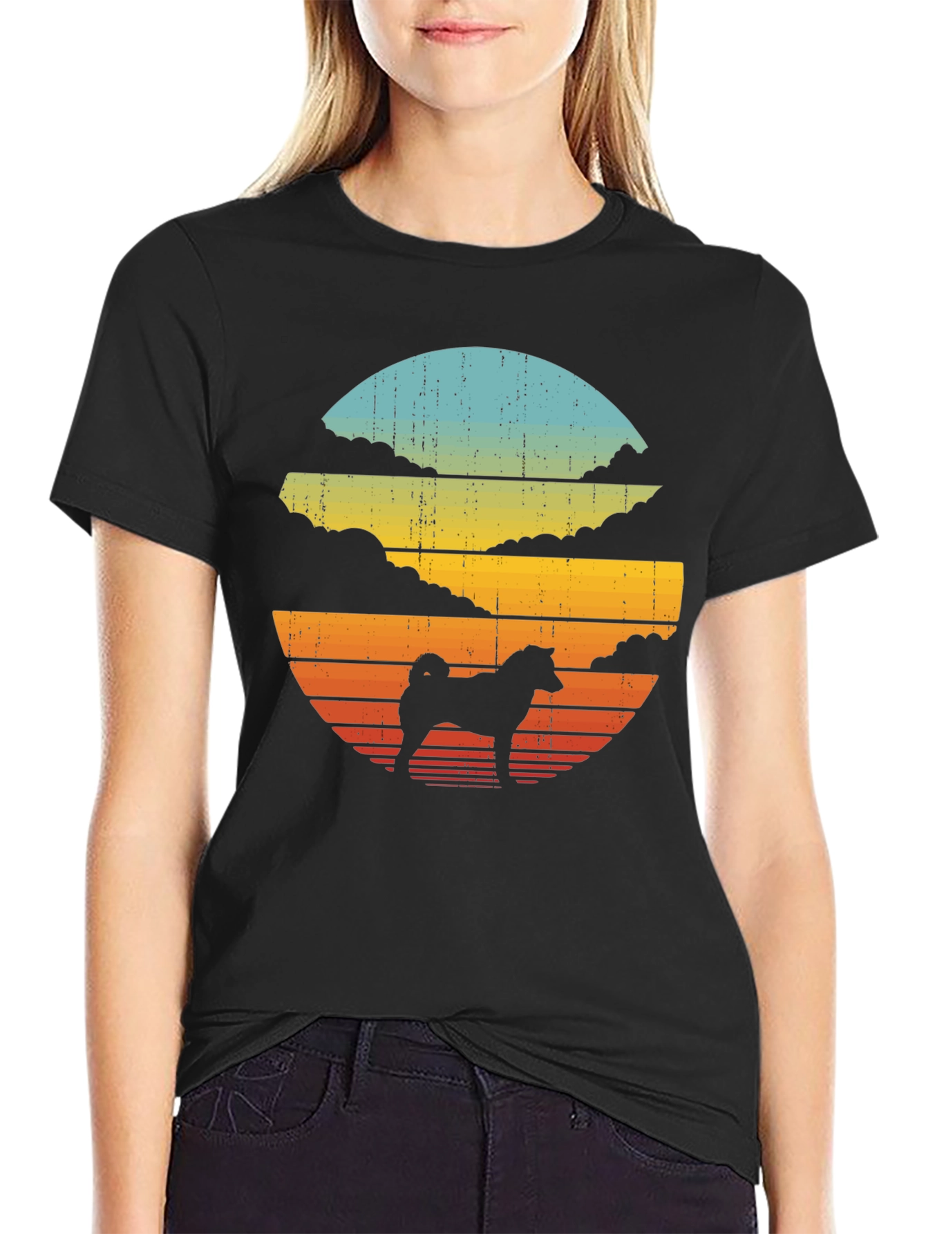 Retro Dog Silhouette T-Shirt - Sunset Design