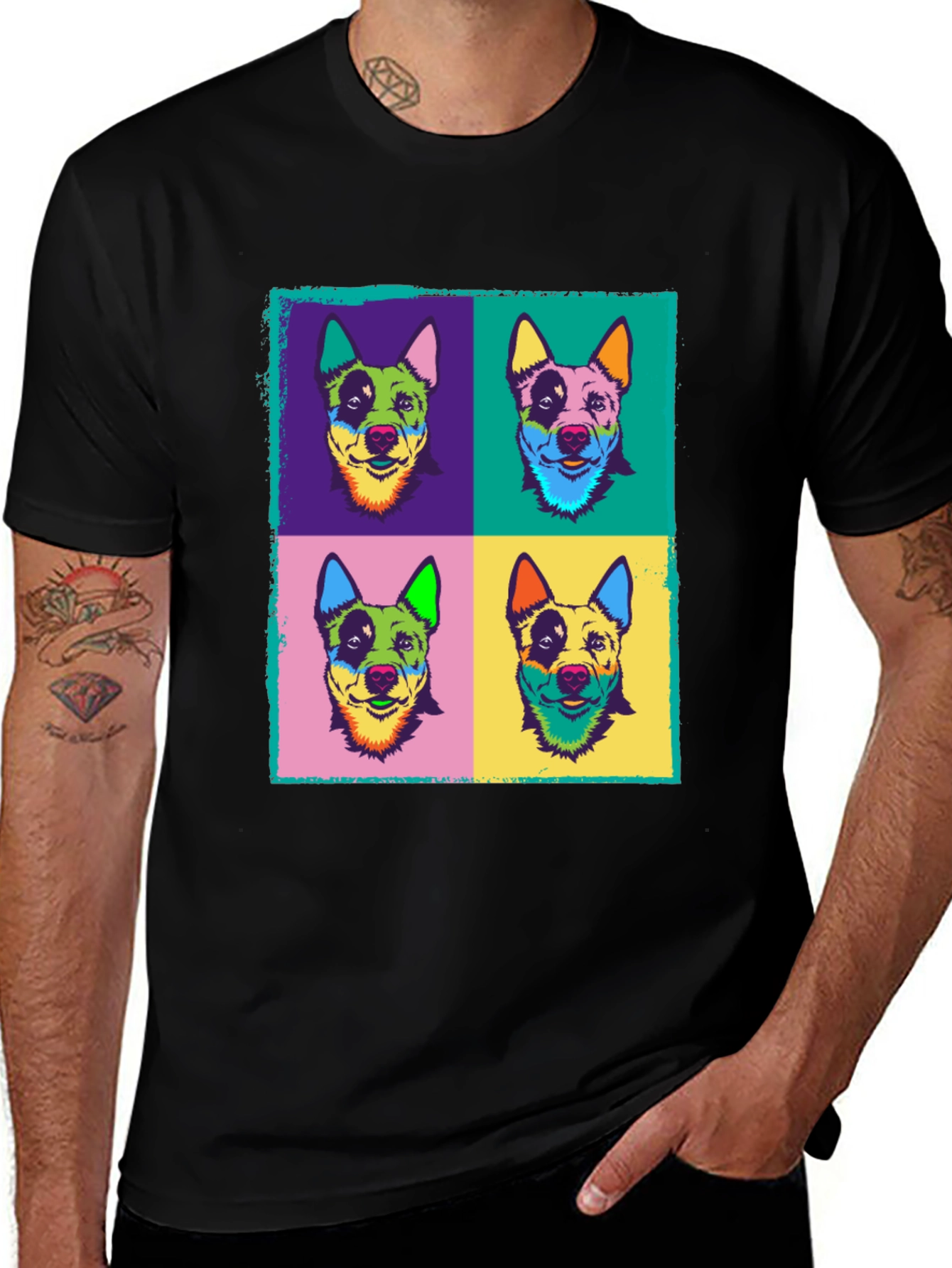 Pop Art Dog Print Black T-Shirt