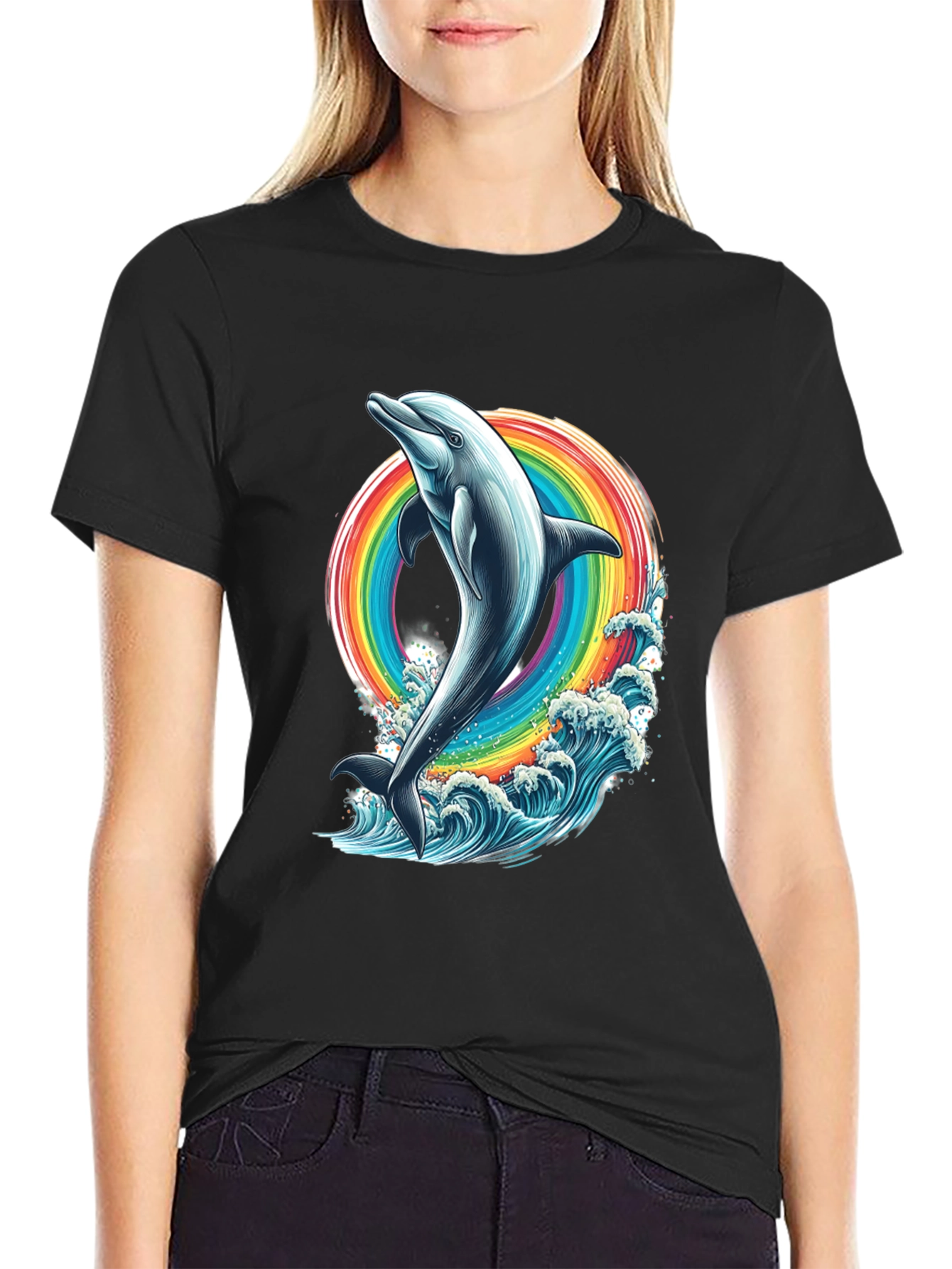 Dolphin Rainbow Graphic Tee - Black Cotton T-Shirt