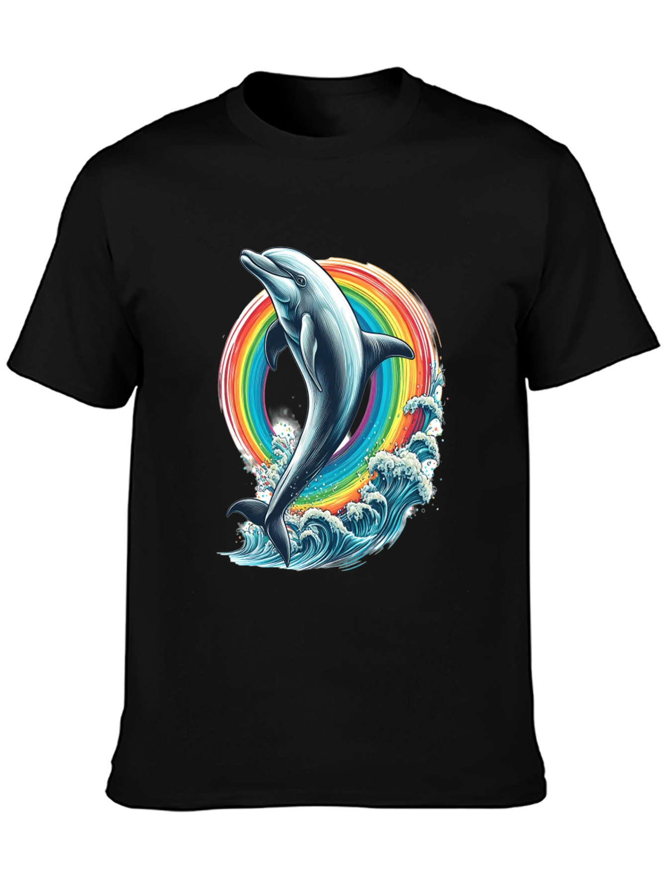 Dolphin Rainbow Graphic Tee - Black Cotton T-Shirt