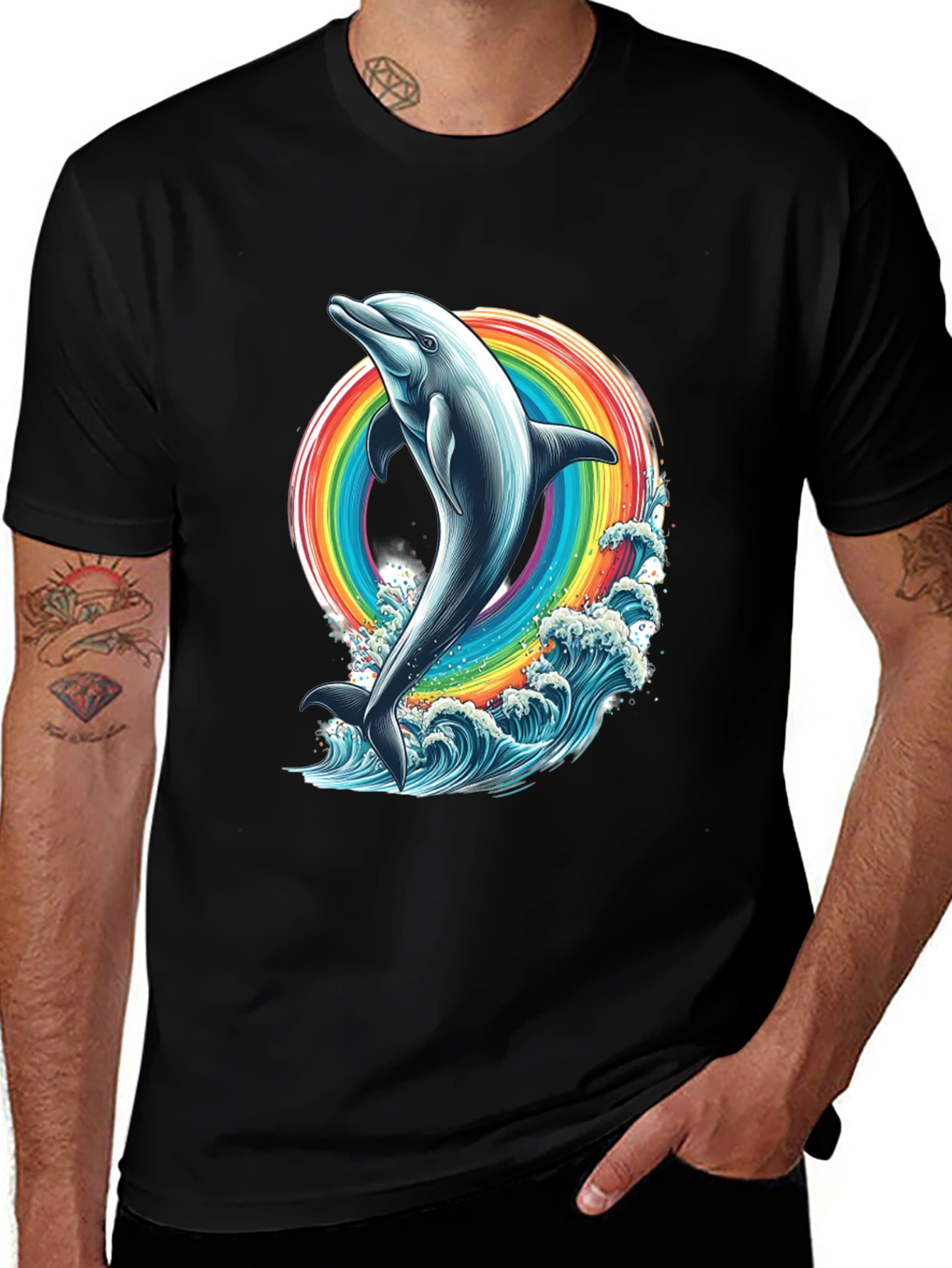 Dolphin Rainbow Graphic Tee - Black Cotton T-Shirt