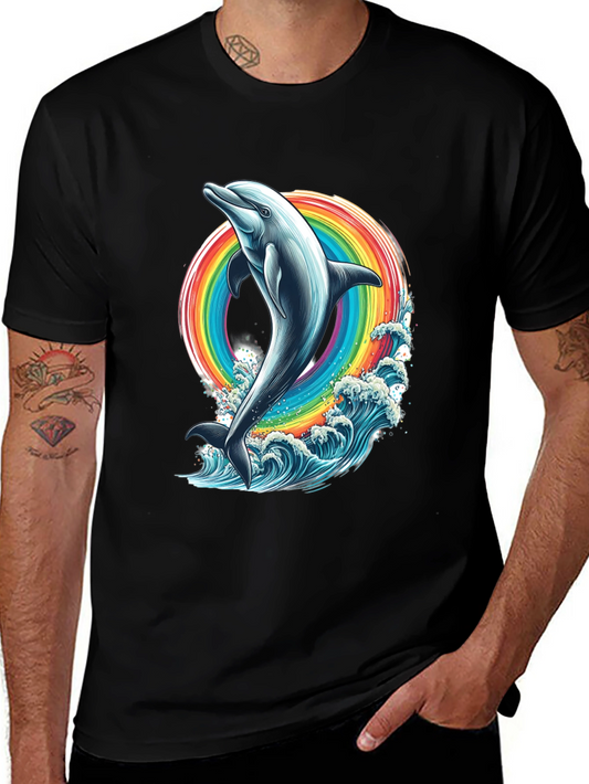 Dolphin Rainbow Graphic Tee - Black Cotton T-Shirt