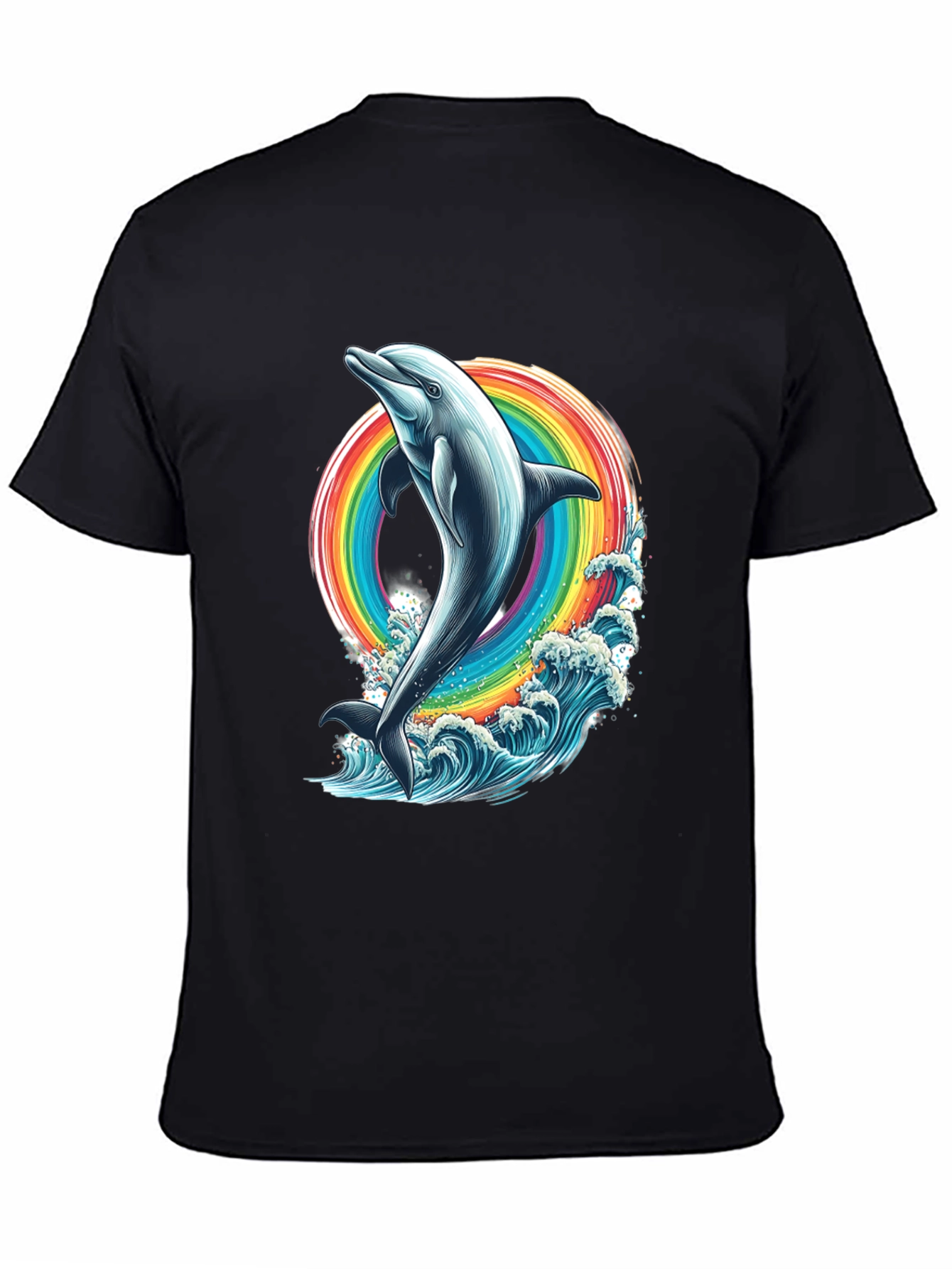 Dolphin Rainbow Graphic Tee - Black Cotton T-Shirt